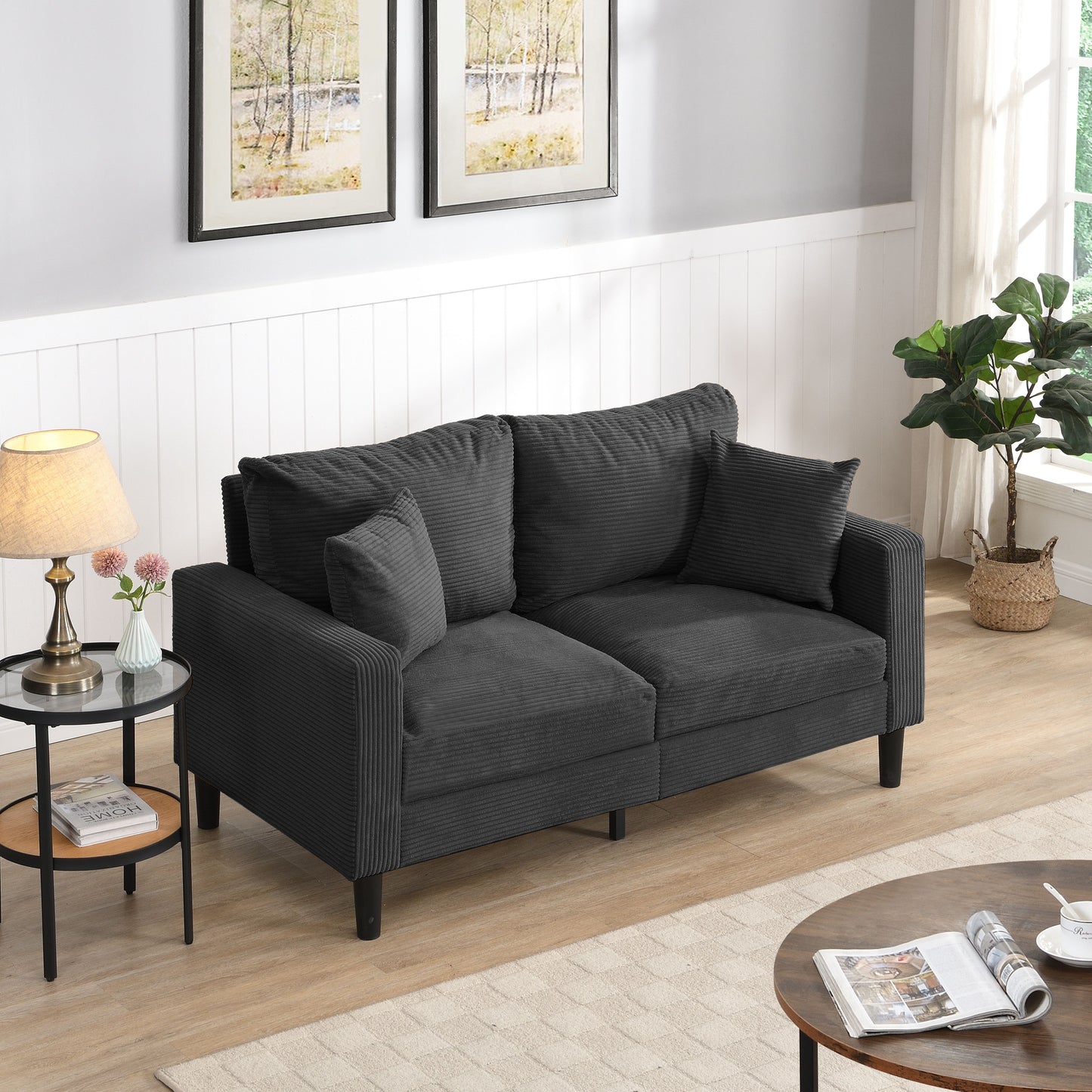 Modern Upholstered 57" High Resilience Loveseat Sofa, 2 Seater - Dark Gray