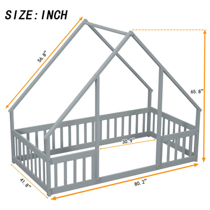 Twin Wood House-Shaped Floor Bed With Fence, Guardrails - Gray