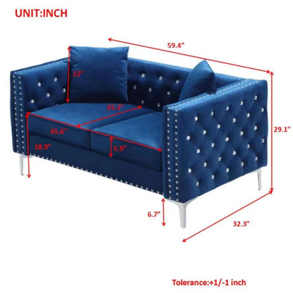 Wide Sofa With Jeweled Buttons, Square Arm, 2 Pillows - Blue