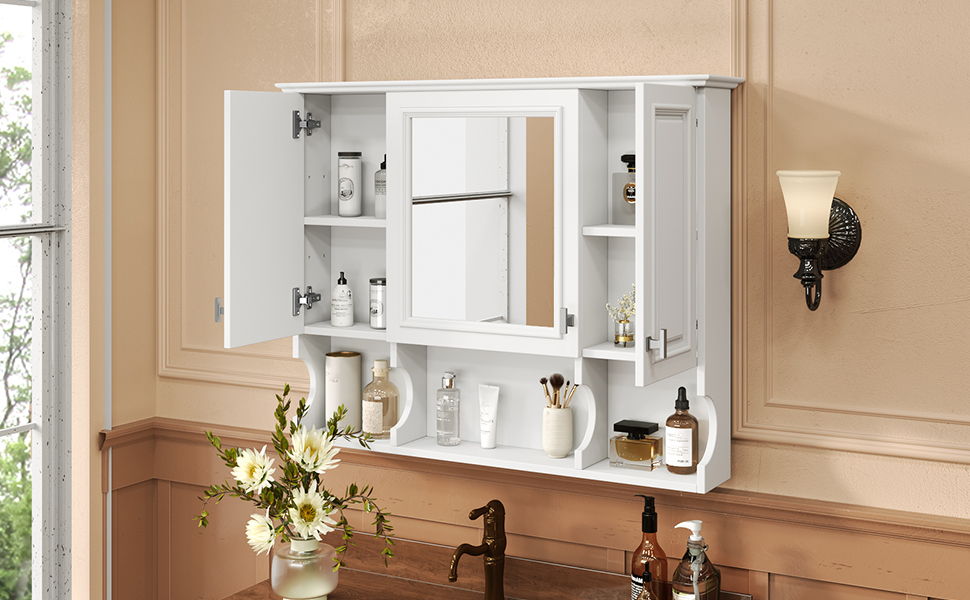 Wall Mounted Bathroom Medicine Cabinet, Modern Bathroom Wall Cabinet With Mirror, Mirror Cabinet With Open Shelves - White