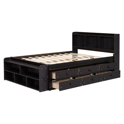 Full Bed With Bookcase Headboard, Under Bed Storage Drawers And Bed End Storage Case - Espresso