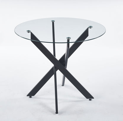 Dining Table With Cross Metal Leg And Tempered Glass, Modern Space Saving Kitchen Table For Living Room - Black