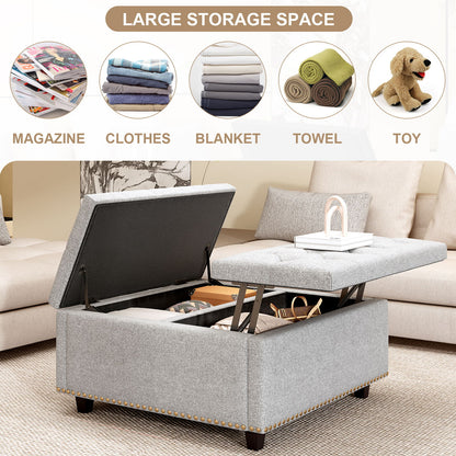 Large Square Storage Bench, Footstool With 2 Storage Doors, Mid - Century Modern Coffee Table For Living Room, Nailhead Inlay - Light Gray