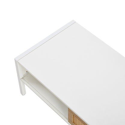40.16" Rattan Coffee Table, Sliding Door For Storage, Metal Legs, Modern Table For Living Room - White