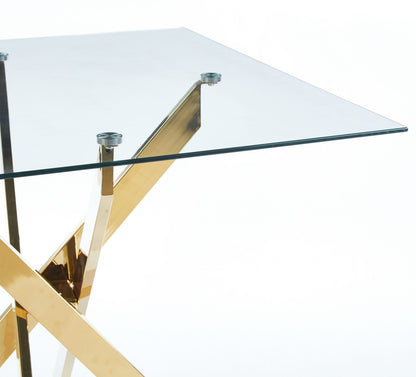 Dining Table With Cross Metal Leg And Tempered Glass, Modern Space Saving Kitchen Table For Living Room, Chrome Legs, Square Table - Golden