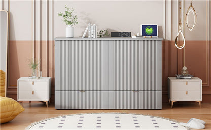 Full Size Murphy Bed With Drawer And A Set Of Sockets & USB Ports, Pulley Structure Design - Gray