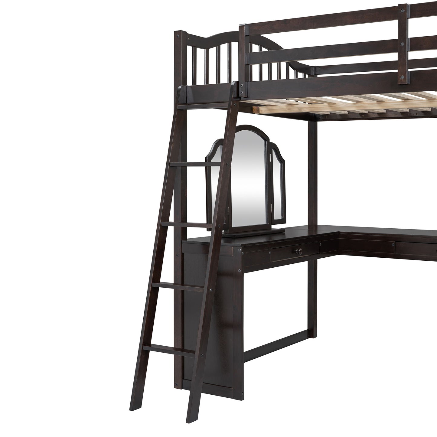 Full Loft Bed With U Shaped Desk, Storage Compartments And Tri Fold Mirror - Espresso