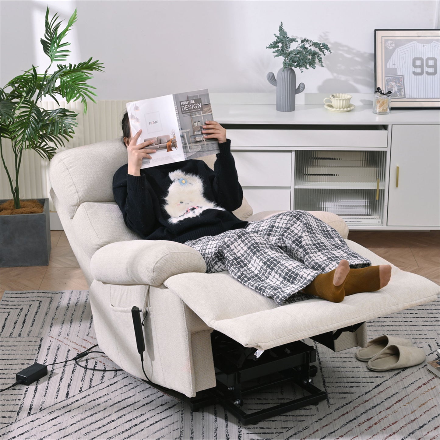 Oversized Power Lift Recliner Chair - Electric Fabric Reclining Sofa Chair With Remote Control, Side Pocket, And Spacious Seat For Home Theater - Light Gray