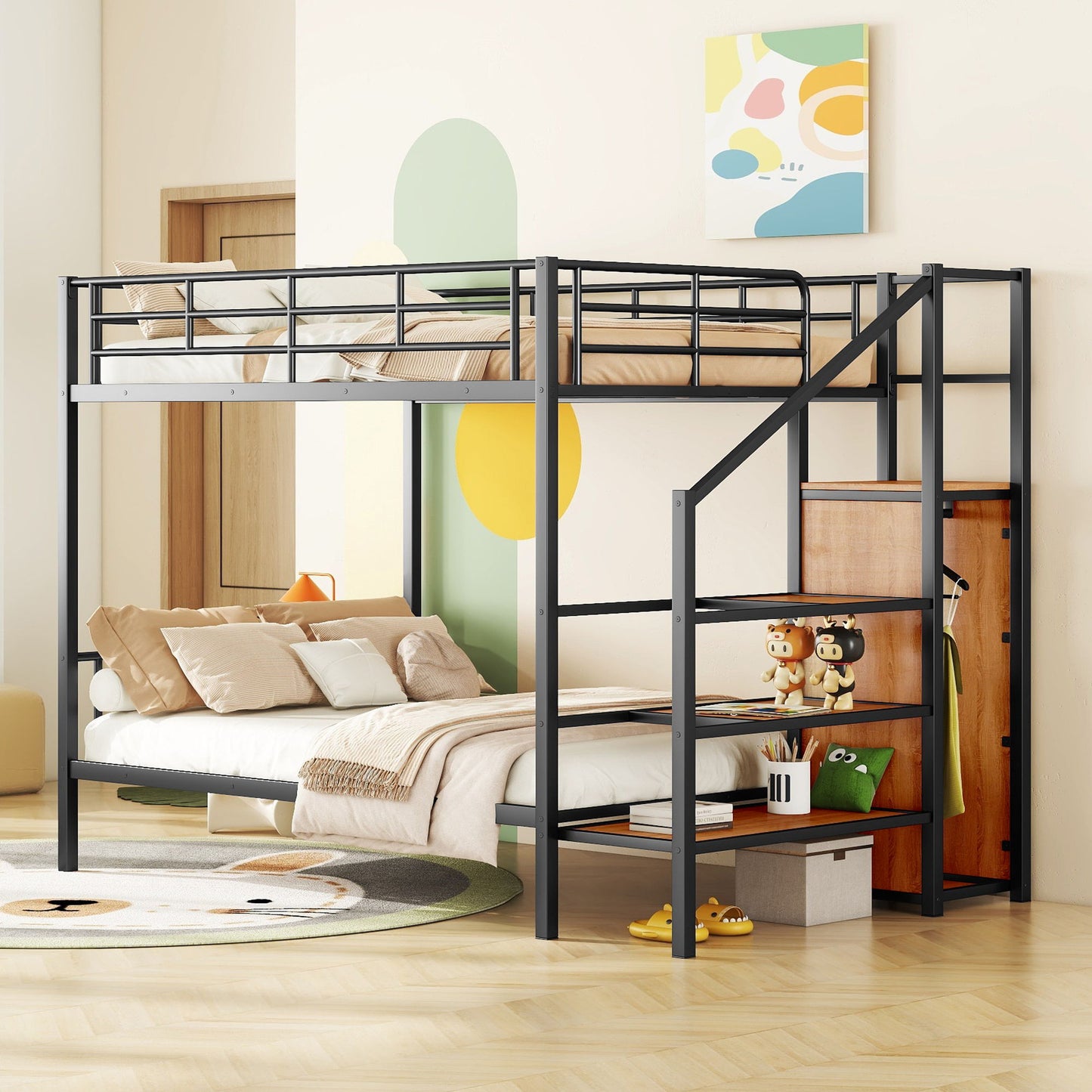 Full Over Full Bunk Bed With Lateral Storage Ladder And Wardrobe - Black