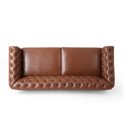 Comfy 3 Seat Sofa With Wooden Legs, Retro Style For Living Room And Study - Light Brown