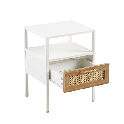 Rattan End Table With Drawer, Modern Nightstand, Metal Legs, Side Table For Living Room, Bedroom (Set of 2)- White