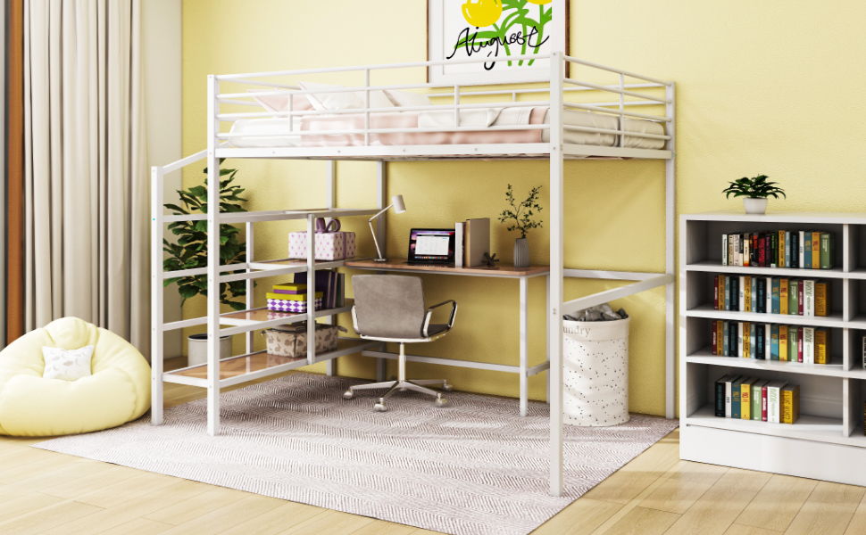 Full Size Loft Bed With Desk And Lateral Storage Ladder - White