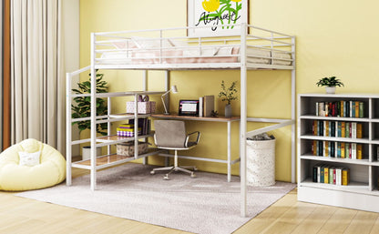 Full Size Loft Bed With Desk And Lateral Storage Ladder - White