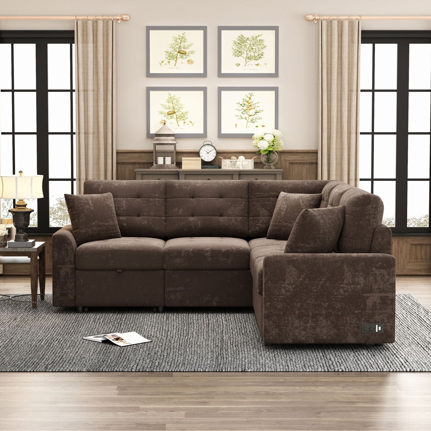 L-Shape Sofa Bed Pull-Out Sleeper Sofa With Wheels, USB Ports, Power Sockets For Living Room - Brown