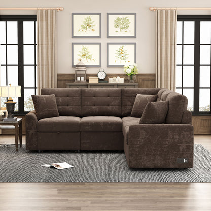 L-Shape Sofa Bed Pull-Out Sleeper Sofa With Wheels, USB Ports, Power Sockets For Living Room - Brown