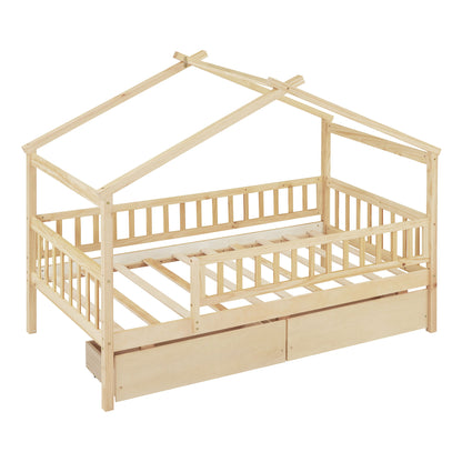 Twin Size House Bed With 2 Drawers - Natural