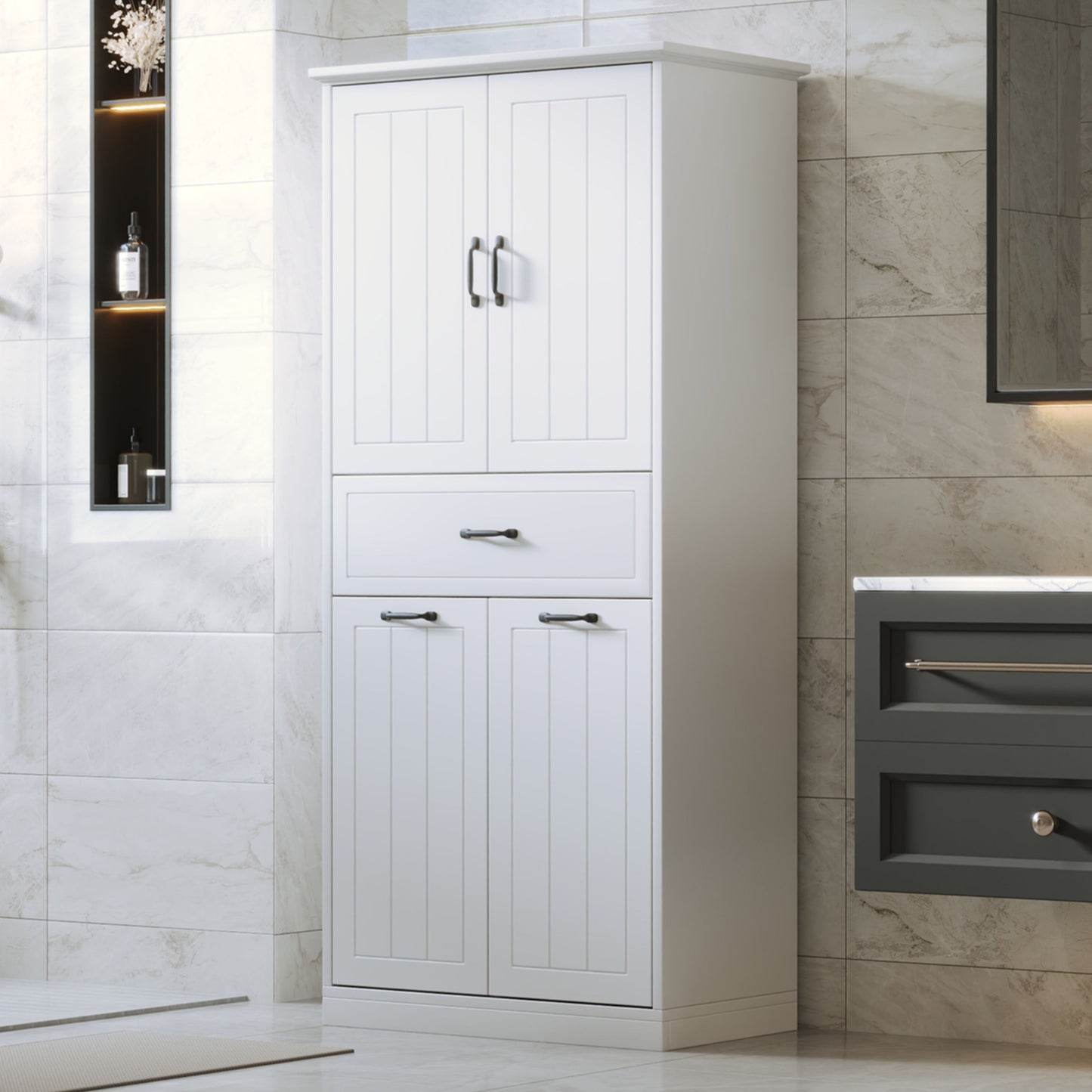 Modern Bathroom Storage Cabinet With 2 Laundry Baskets, 1 Drawer, Adjustable Shelf - White