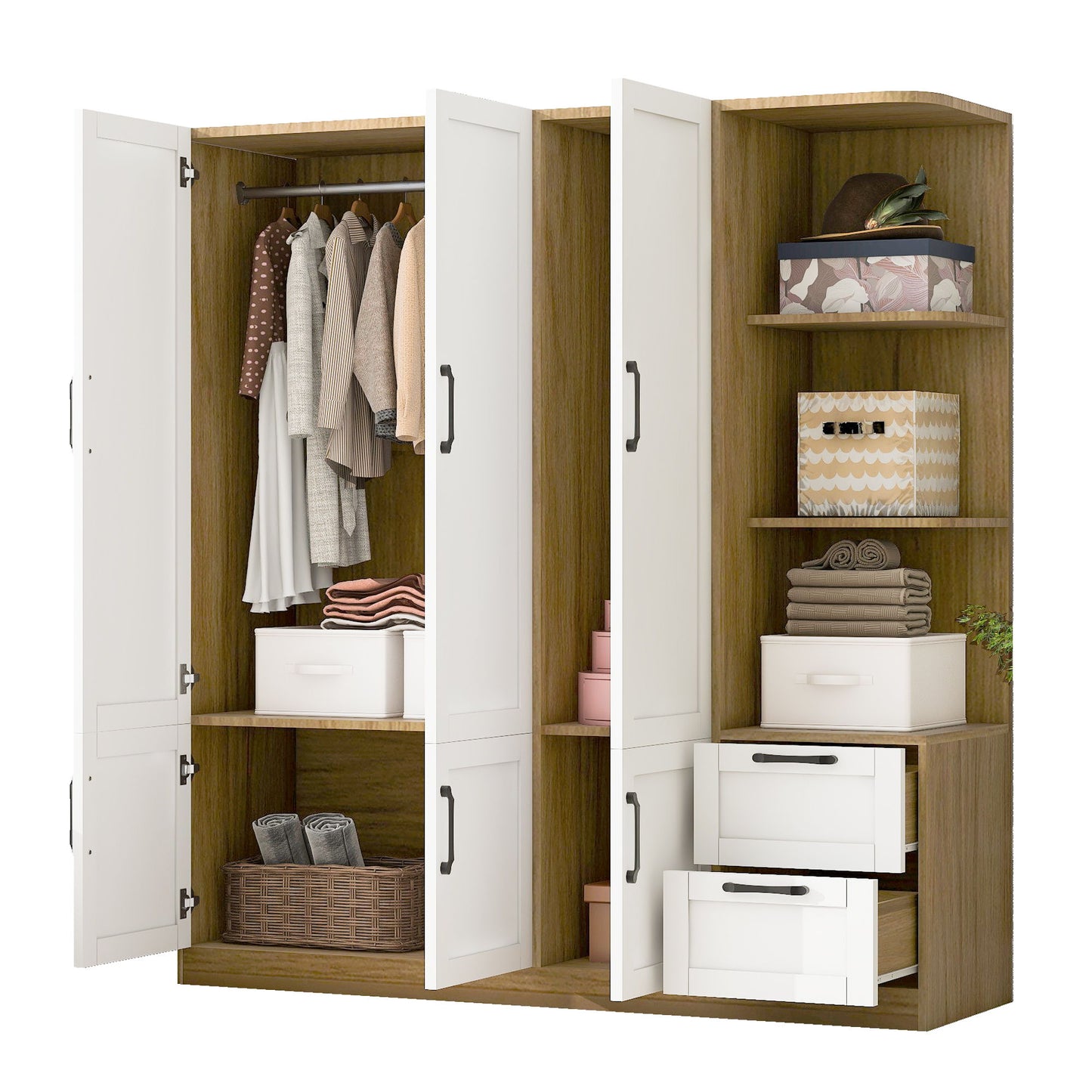 3 Door Storage Wardrobe For Dedroom With Shelves And 2 Drawers, Side Storage Shelves - White