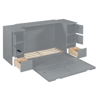 Full Size Murphy Bed With Drawers, Cabinets, And USB Ports - Gray