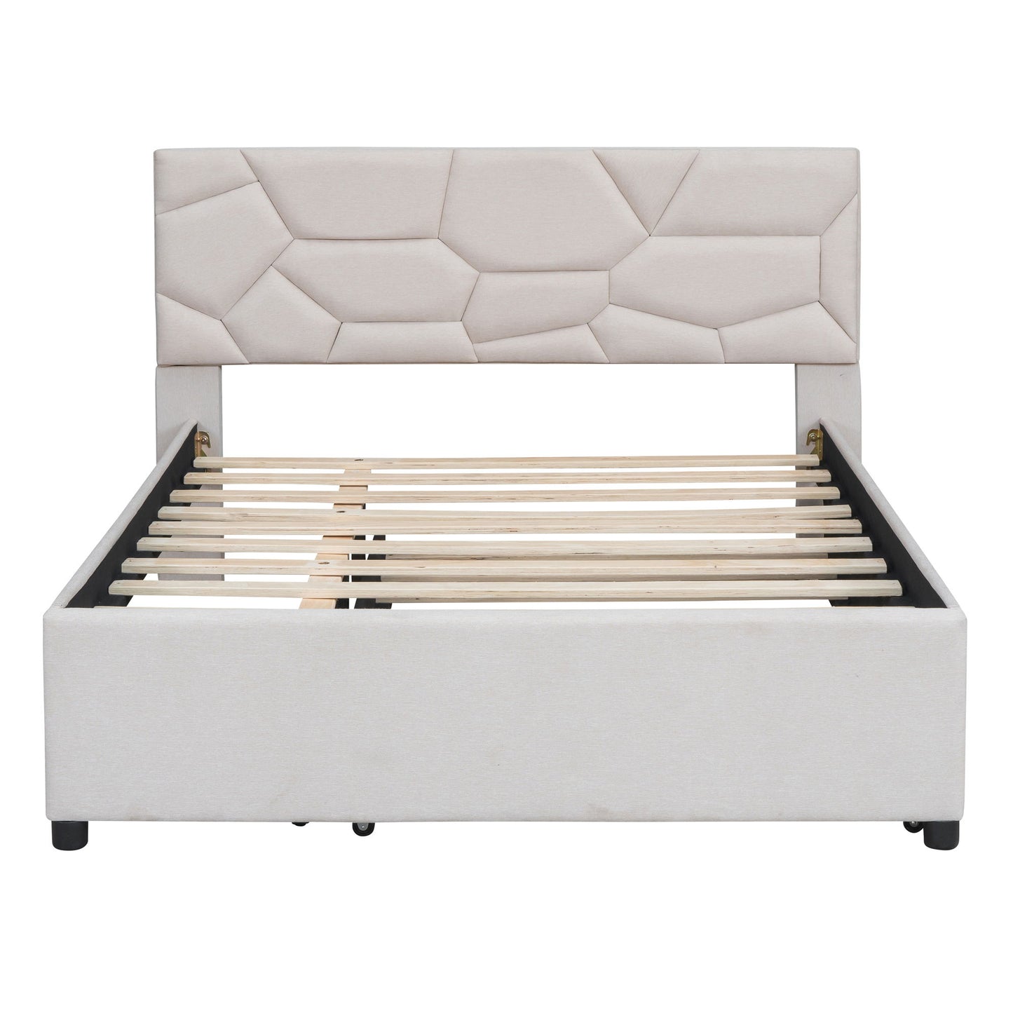 Full Size Upholstered Platform Bed With Brick Pattern Headboard And Twin Size Trundle - Beige