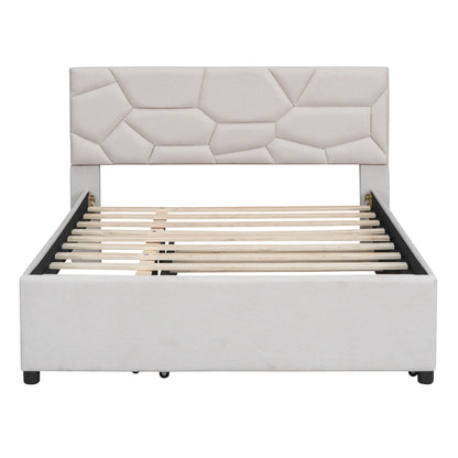 Full Size Upholstered Platform Bed With Brick Pattern Headboard And Twin Size Trundle - Beige