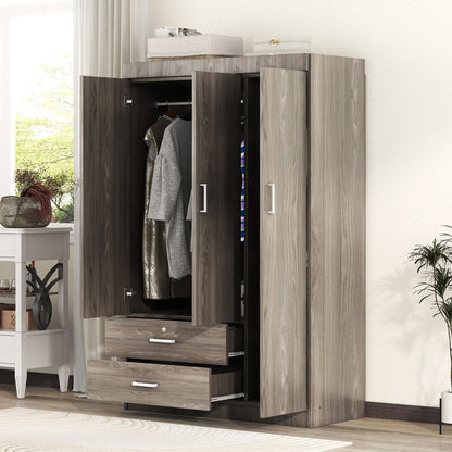 3 Door Wardrobe With 2 Drawers, Grain Effect - Gray