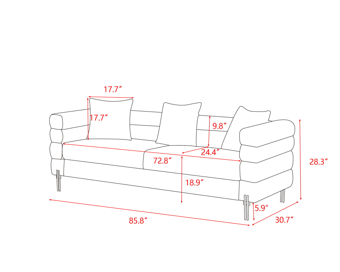 Luxurious And Comfortable Upholstered Sofa With Golden Legs And Pillows For Living Room And Reception Area - Gray