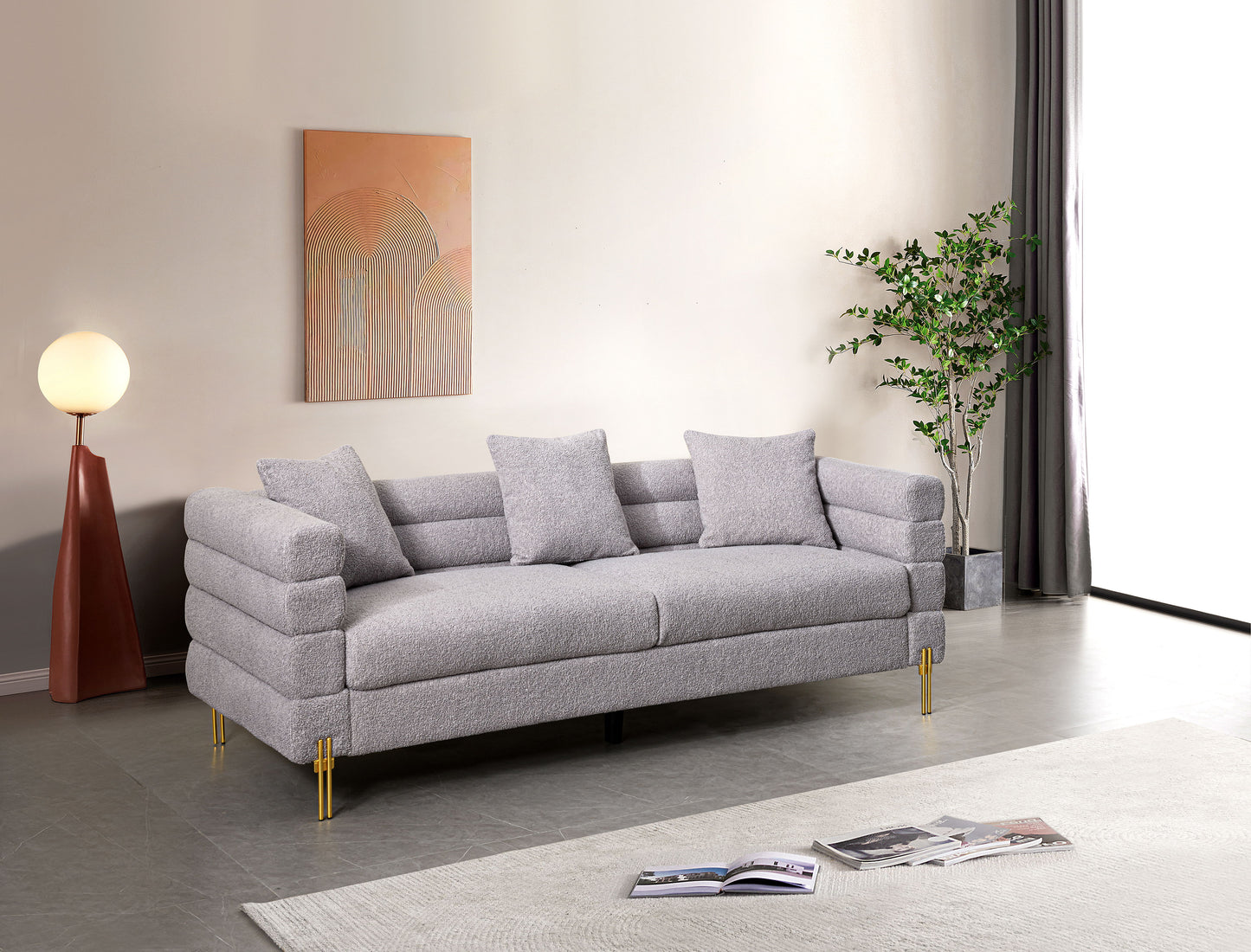 Luxurious And Comfortable Upholstered Sofa With Golden Legs And Pillows For Living Room And Reception Area - Gray