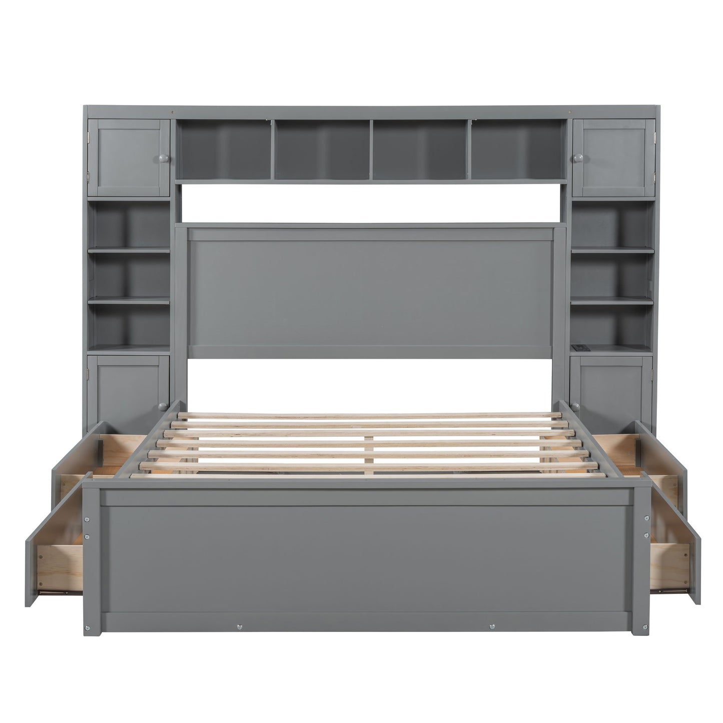 Queen Size Bed With All In One Cabinet, Shelf And Sockets - Gray