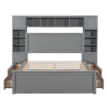 Queen Size Bed With All In One Cabinet, Shelf And Sockets - Gray