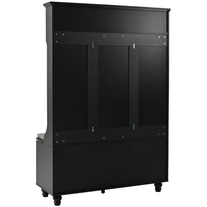 5 In 1 Entryway Bench With Shutter - Shaped Doors, Coat Rack, Cushion And 4 Sturdy Hooks, Wide Hall Tree With Storage Bench For Hallway, Entryway, Living Room - Black