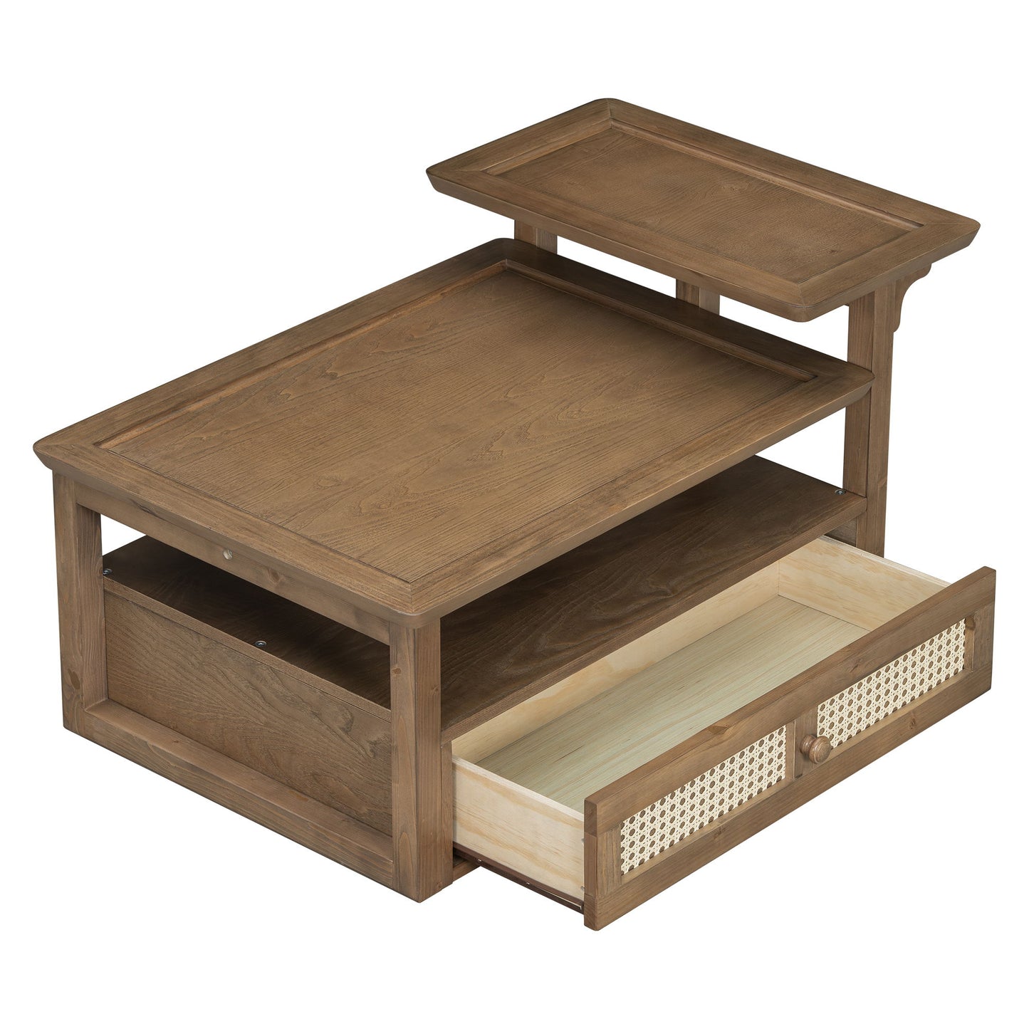 Modern Coffee Table, Coffee Table With 1 Storage Shelf, 2 Tabletops And 1 Rattan Drawer For Living Room - Dark Brown