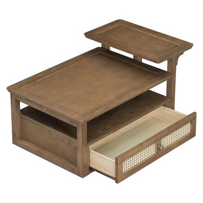 Modern Coffee Table, Coffee Table With 1 Storage Shelf, 2 Tabletops And 1 Rattan Drawer For Living Room - Dark Brown