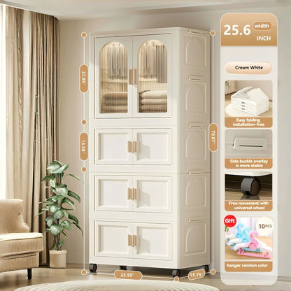 Folding Wardrobe Cabinet Wide White Plastic With Magnetic Doors, Wheels, And 10 Hangers - Cream White