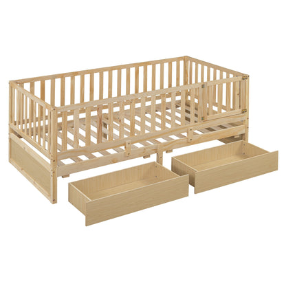 Twin Size Daybed With Fence Guardrails And 2 Drawers, Versatile Split Floor Bed & Daybed - Natural