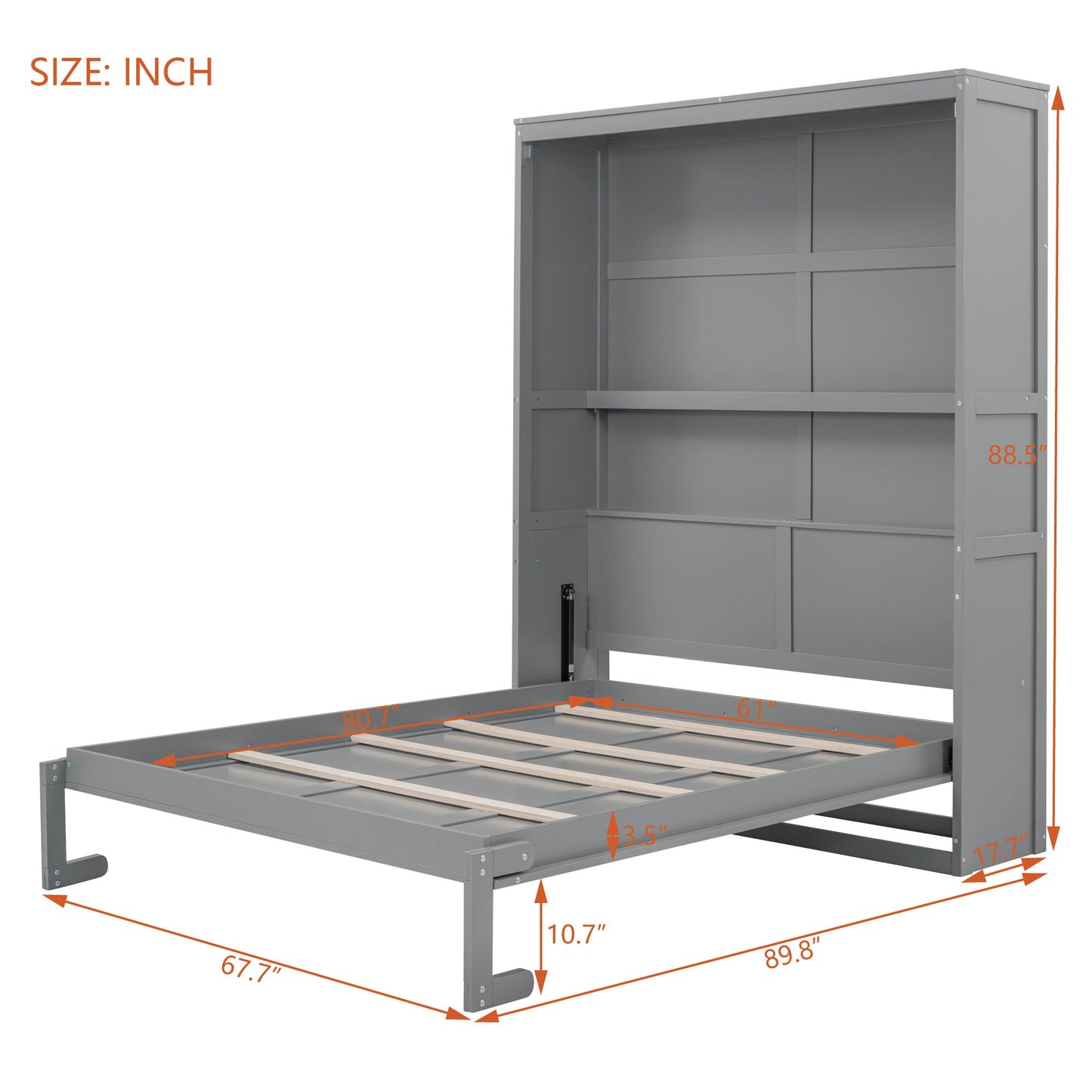 Queen Size Murphy Wall Bed With Shelves, Space Saving And Construction - Gray
