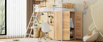 Twin Size Loft Bed With L Shape Desk And Wardrobe - White