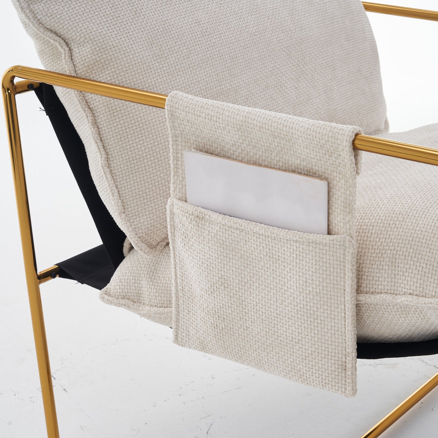 Upholstered Hanging Armchair With Arm Pocketsmetal Frame, Gold-Plated Craftsmanship, Crushed Foam Cushions And Skin-Friendly Woven Fabric For Living Room (Set of 2) - Beige