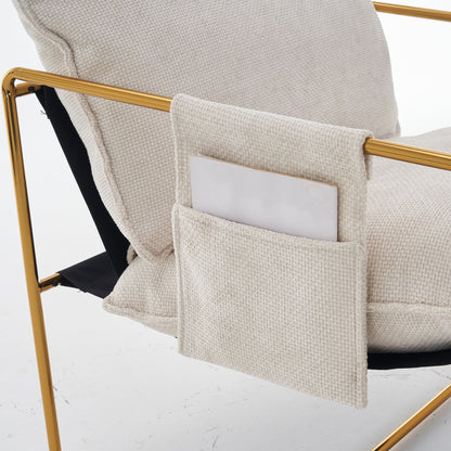 Upholstered Hanging Armchair With Arm Pocketsmetal Frame, Gold-Plated Craftsmanship, Crushed Foam Cushions And Skin-Friendly Woven Fabric For Living Room (Set of 2) - Beige