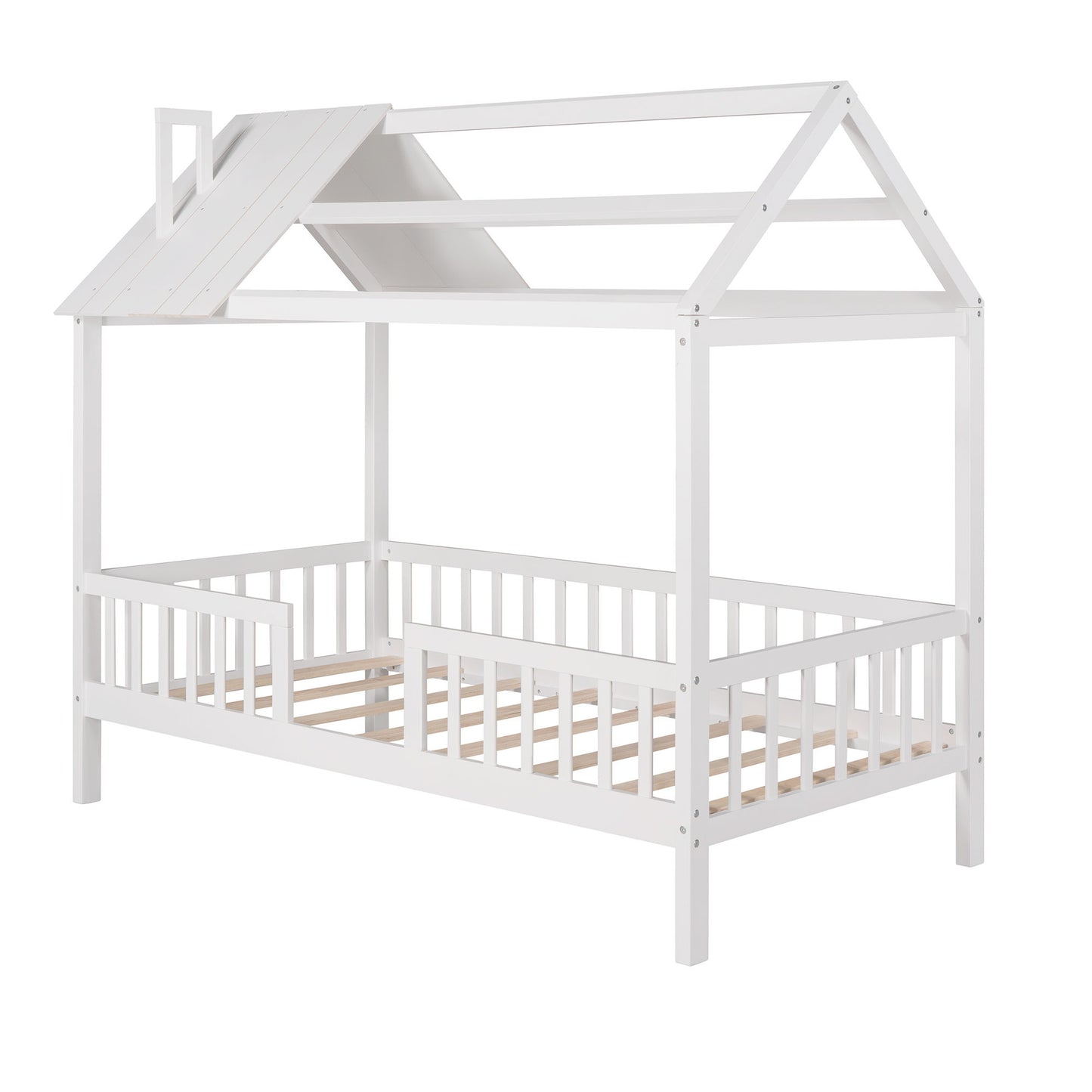 Twin Size House Bed With Fence - White