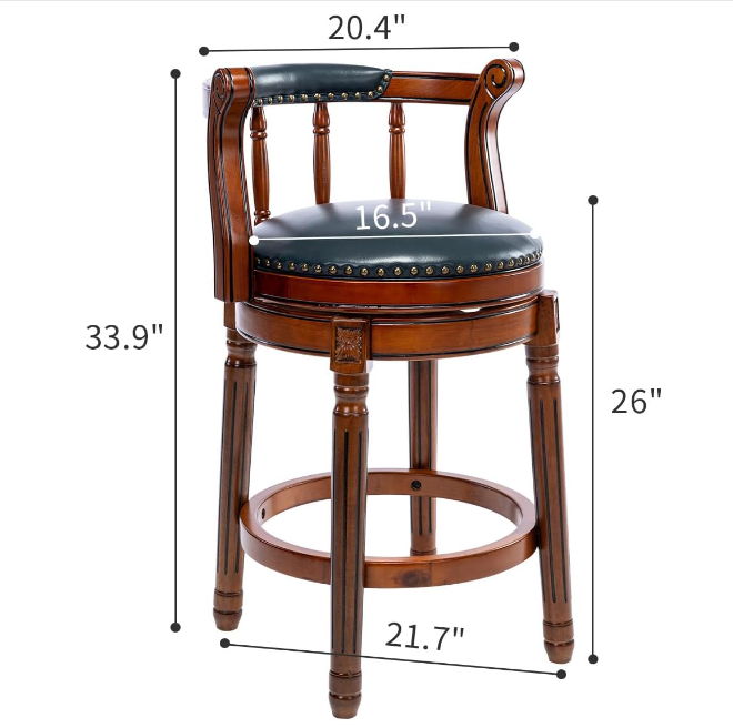26'' Swivel Leather Wooden Bar Stool, 360 Degree Swivel Bar Height Chair With Backs For Home Kitchen Counter - Blue