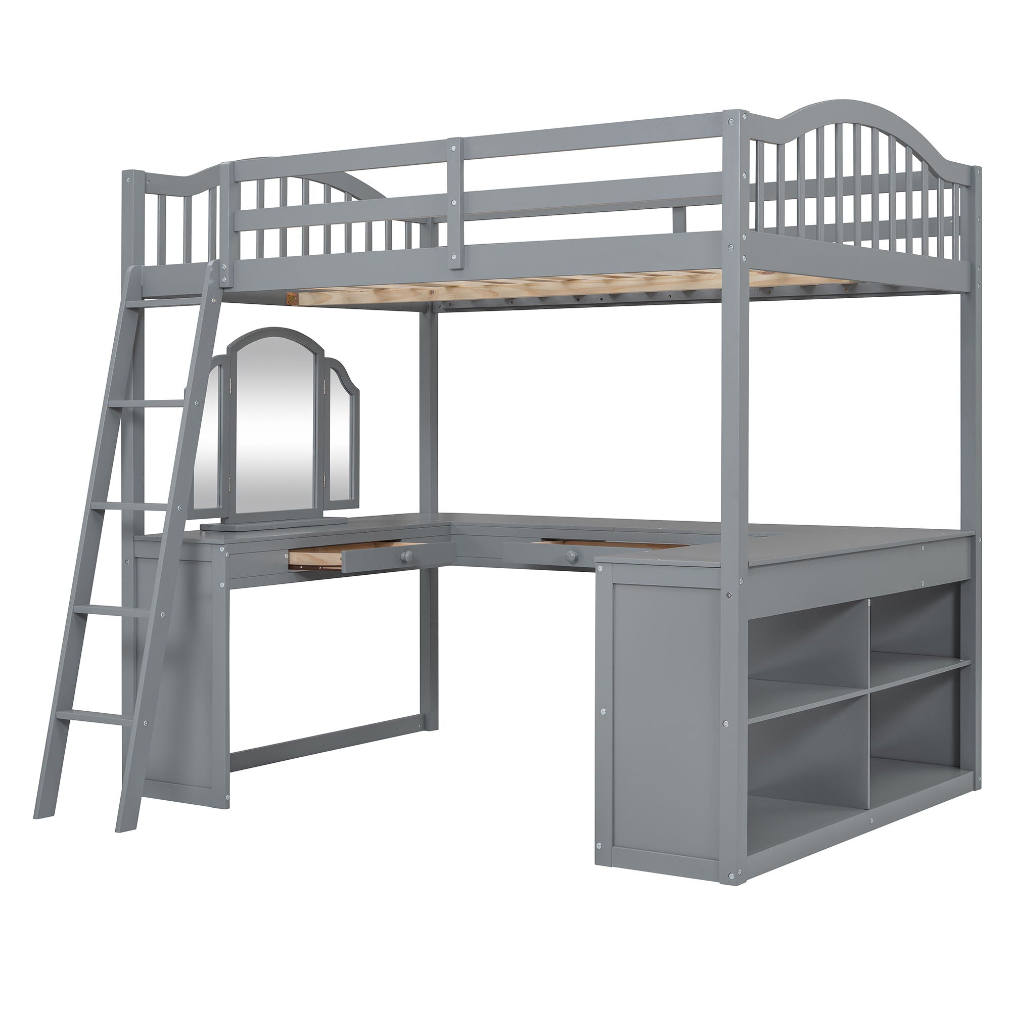 Full Loft Bed With U Shaped Desk, Storage Compartments And Tri Fold Mirror - Gray