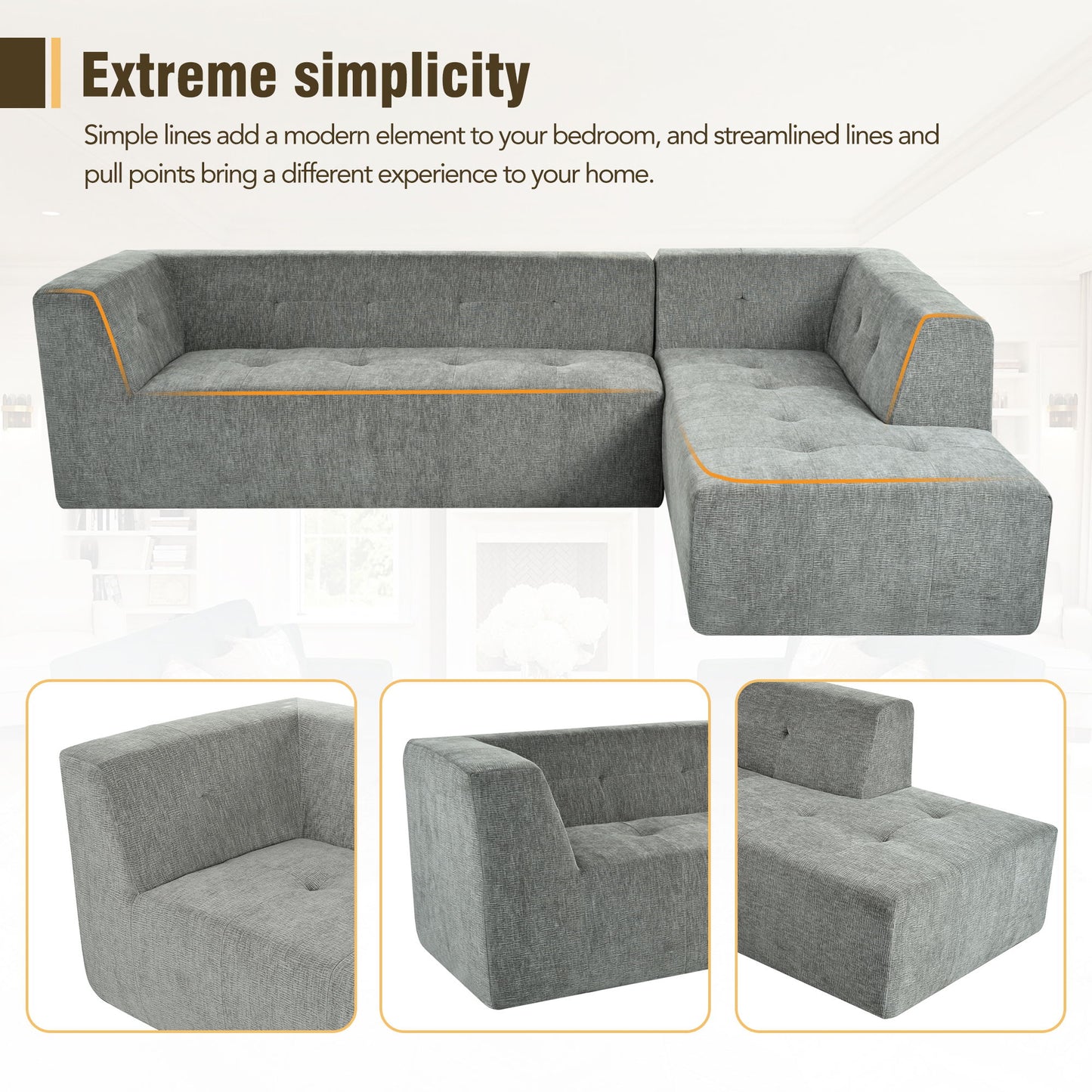Modular Combination Sofa Set, Modern Minimalist Sofa, Living Room Upholstered Sofa Bed, Bedroom, 2 Pieces Computer Free Combination, L - Shaped - Light Gray