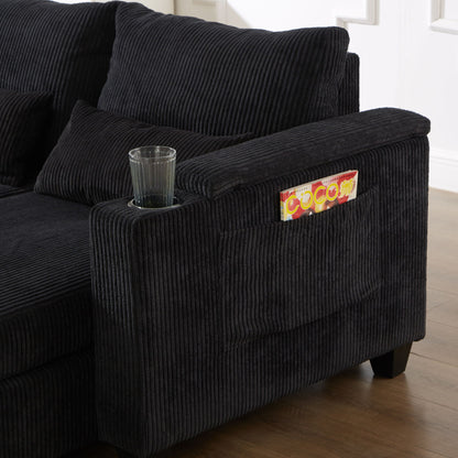Convertible Chaise Lounge Loveseat Sofa Bed With USB Ports, Cup Holders, Phone Holder & Storage - Black