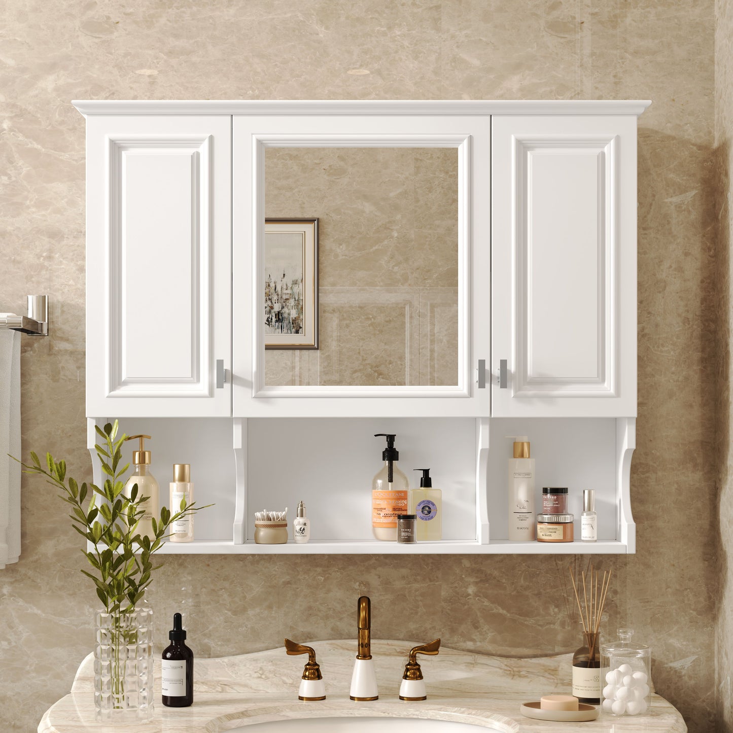 Wall Mounted Bathroom Medicine Cabinet, Modern Bathroom Wall Cabinet With Mirror, Mirror Cabinet With Open Shelves - White