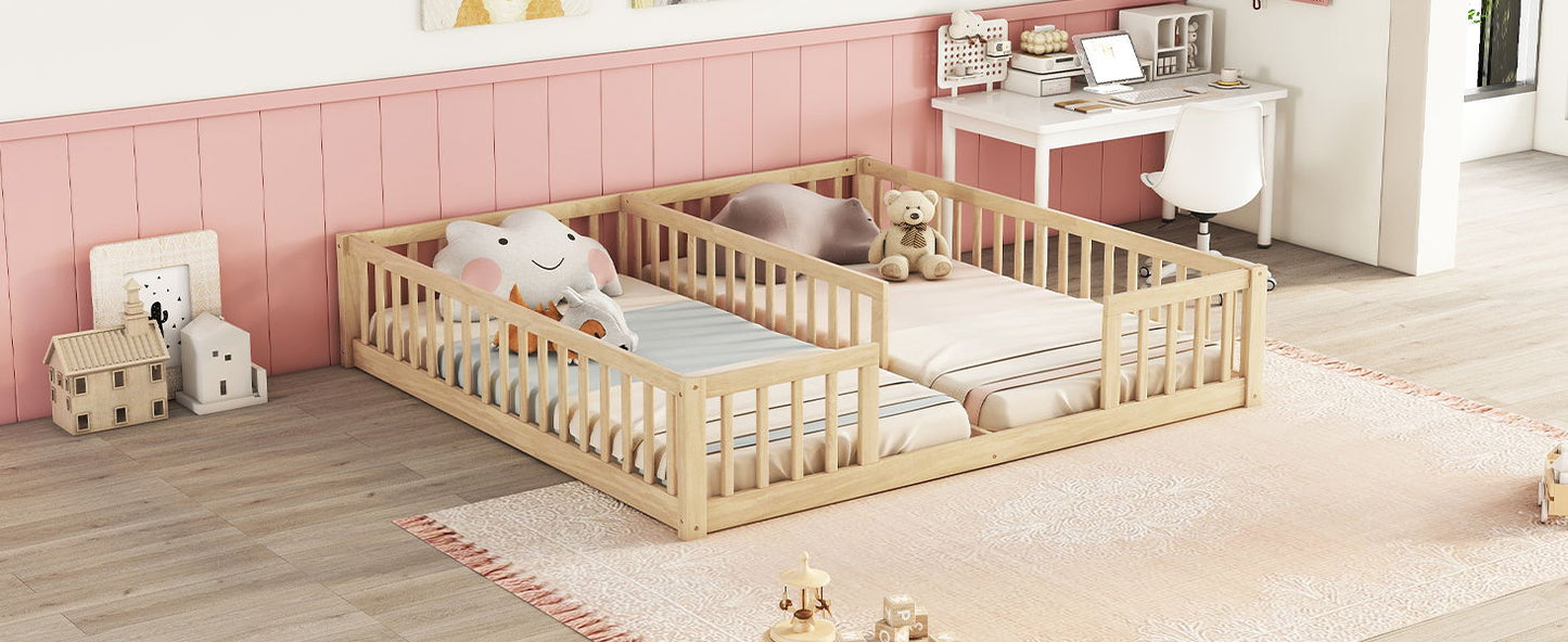 Double Twin Floor Bed With Fence, Guardrails, Without Door - Natural