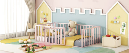 Twin Size Floor Bed Frame With Fence And Door - Pink