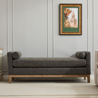 Elegant Upholstered Bench, Daybed, Ottman With Wood Legs & 2 Bolster Pillows For Bedroom, Living Room, Entryway - Gray