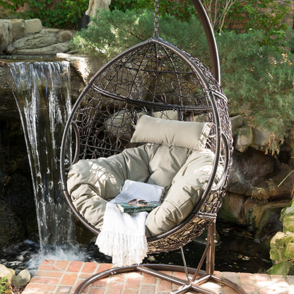 Kylie - Hanging Basket Chair Brown Cozy Rattan Design With Water Resistant Cushions - Khaki / Brown