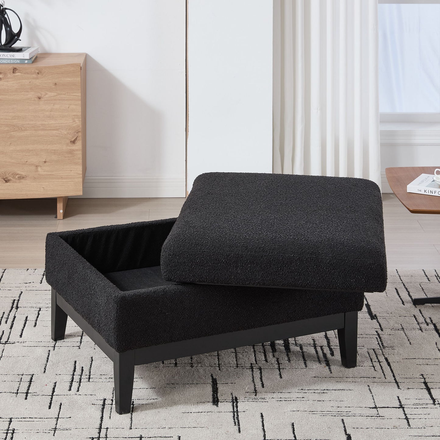 Upholstered Wood Base Storage Ottoman With Reversible Lid Coffee Table, Foot Stool Square Footrest With Rubberwood Legs For Living Room Bedroom Entryway And Office - Black